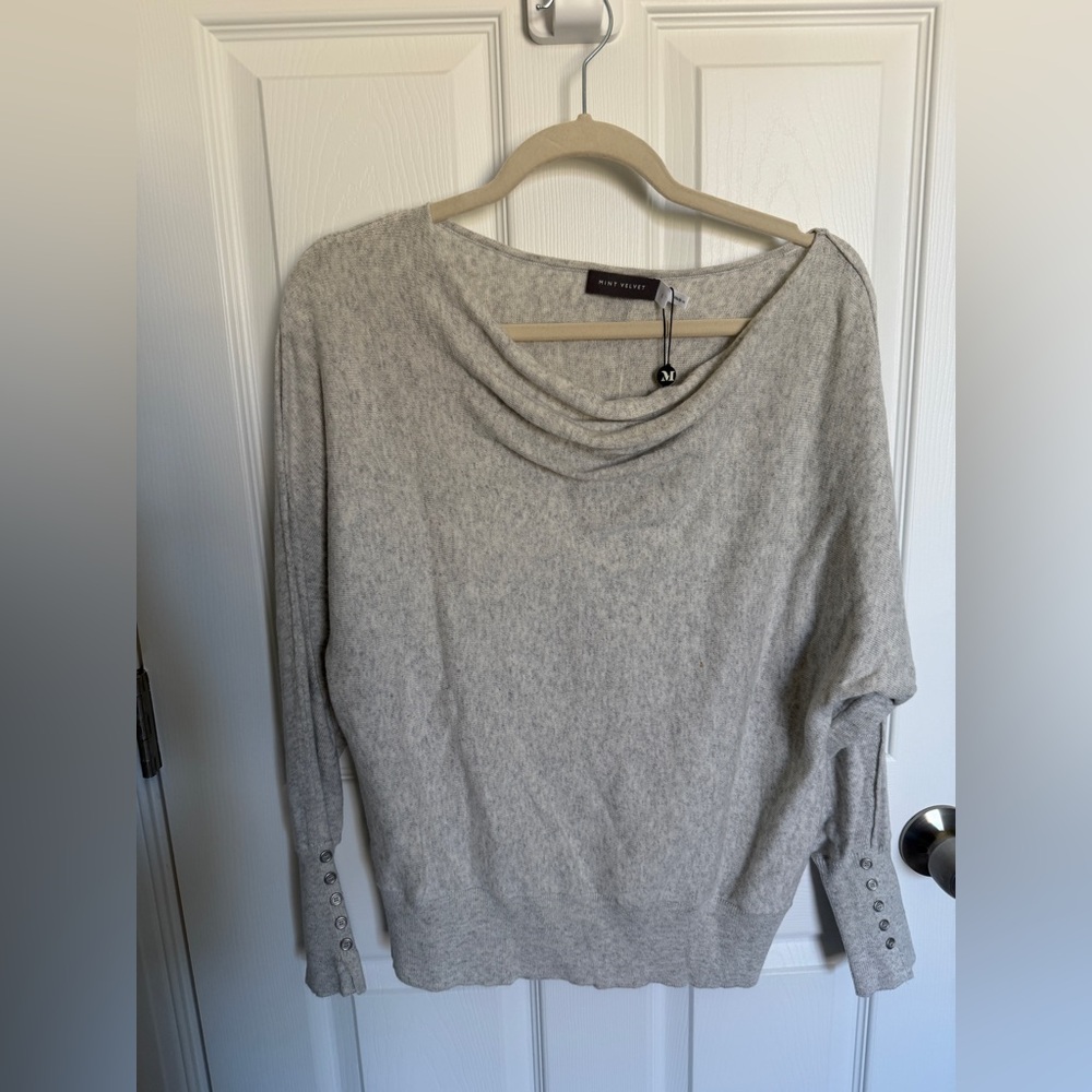 Light Gray Draped Cowl Neck Sweater with Button Cuffs